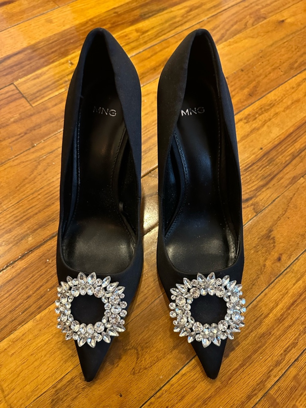 Mango Black Pointed Toe Pumps with Crystal Circle Buckle